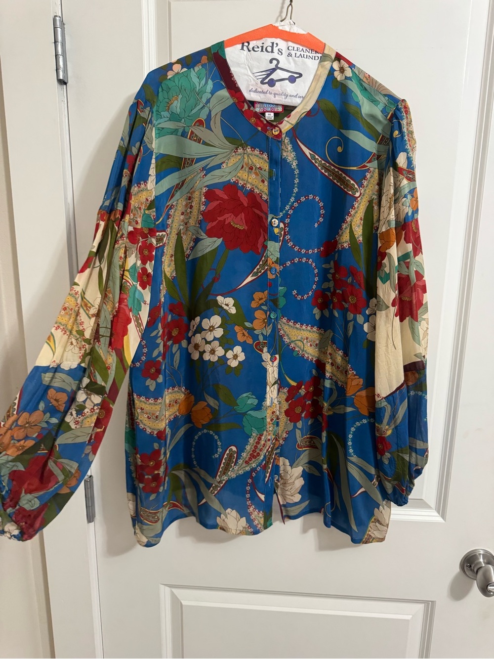 Johnny Was Multicolor Floral Blue Button Front Blouse